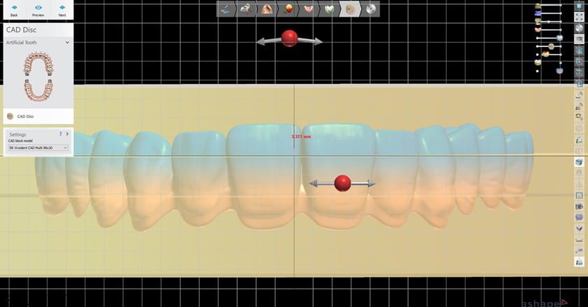 Customized positioning of the dental arch within the SR Vivodent CAD Multi disc.